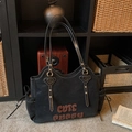 Black leather tote bag with brown plush Cute Puppy embroidery and drawstring side detail - Black
