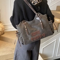 Dark grey canvas tote bag with Cute Puppy embroidery and brown leather shoulder straps - Brown