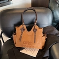 Brown suede tote bag with Cute Puggy embroidery and side drawstring detail - Brown