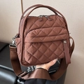 Deep brown quilted crossbody bag with diamond stitching and adjustable woven strap - Brown