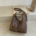 Minimalist brown PU leather hobo tote bag with metal ring buckle and adjustable strap - Brown