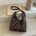 Dark brown high-capacity faux leather hobo tote bag with metal ring and adjustable strap - Brown