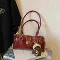 Deep red patent leather shoulder bag with vintage gold lock and a cute bear charm - Wine Red With Pendant