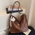 Retro brown large tote bag with zipper details and cute white plush bear pendant - Brown