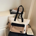 Borsa tote in tela a contrasto crema e kaki con tasche multiple per yoga e fitness - Cachi