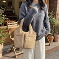 Khaki large capacity tote bag in nylon fabric with dual front pockets for women - Khaki