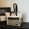 Stylish tricolor nylon tote bag in cream, black, and olive green for travel and yoga - Green