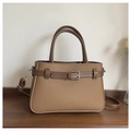 Bolso bandolera retro de lona marrón con ribete de cuero y hebilla de metal - Caqui