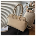 Beige faux leather tote bag with gold buckle hardware and long shoulder straps - Sand