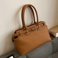 Brown litchi grain leather tote bag with decorative straps and dual top handles - Yellow Brown