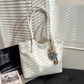 Cream white faux leather tote bag with cute bear charm and fashion logo print - White