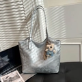 Silver vintage tote bag with metallic texture and a cute teddy bear charm - Silver