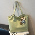 Sage green faux leather tote bag with adjustable straps and cute bear charm - Green