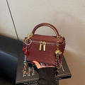 Burgundy woven leather box bag with metal handle, gold chain and cherry charm - Wine Red With Pendant