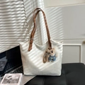Cream white vintage tote bag with dark brown straps and cute bear pendant accessory - White and Brown