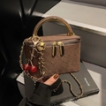 Dark brown quilted texture box bag with gold metal handle and cherry charm accessory - Coffee with Pendant