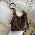 Grand sac cabas marron minimaliste avec surpiqûres contrastées et boucle en métal argent - café