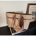 Beige canvas tote bag with brown leather straps and cute bear charm for daily commute - Cream White With Pendant