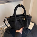 Retro black bucket bag with quilted patterns and matte suede finish for women - Black