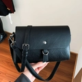 Classic black crossbody bag with lychee texture and silver round buckle detail - Black
