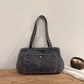 Borsa tote in denim grigio scuro lavato con doppi manici e fibbia in metallo decorativa - Nero