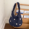 Dark blue plush shoulder bag featuring white star patterns and a soft faux fur texture - Navy Blue