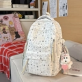 Detail van witte canvas rugzak met sterrenprint, ritsen en een schattige pluche hanger - Met Hanger / Wit