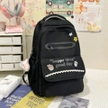 Japanse stijl zwarte studentenrugzak met cartoon borduurwerk en pluche varkentje hanger - Zwart
