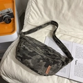 Close-up of camouflage canvas chest bag with metal zipper and fashion leather patch - Camo Grey