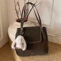 Dark brown suede bucket bag with contrast stitching and plush rabbit pendant - With Charm / Brown