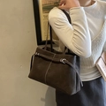 Grand sac cabas marron foncé en cuir nubuck vintage avec surpiqûres blanches - Marron