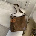 Retro dark brown suede bucket bag with leather trim and plush dog charm accessory - Brown with Pendant