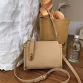 Chic beige leather square crossbody bag with gold hardware and NIUCODI logo detail - Oatmeal