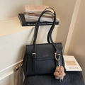 Classic black litchi pattern shoulder bag featuring a cute beige teddy bear charm - With Charm / Black