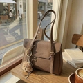 Brown lychee texture tote bag with golden lettering and cute puppy pendant accessory - With Charm / Brown