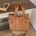 Bolso tote de lona marrón vintage con bolsillos laterales de cremallera casual - Marrón