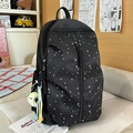 Black student backpack with white star print and a yellow moon plush keychain charm - Black (With Moon Pendant)