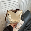 Petal-shaped beige bucket bag with brown drawstring inner and pleated handle - White