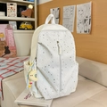 White minimalist backpack with silver star print and a yellow moon plush charm - White (With Moon Pendant)