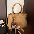 Khaki bucket bag in faux suede with a golden ring and a cute brown bear charm - Brown with Pendant