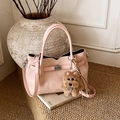 Détail du sac à main en daim rose avec fermoir argenté et breloque chien - Avec Pendentif / Rose