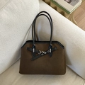 Borsa a spalla vintage in lana caffè scuro con manici in pelle nera e fibbia - Marrone Cioccolato