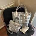 Quilted silver nylon tote and crossbody bucket bags with trendy metallic finish - Shoulder Tote Bag / Large / Silver