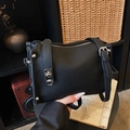 Retro black Boston handbag in litchi grain leather with silver hardware and shoulder strap - Black