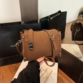 Brown litchi grain boston bag with silver hardware and adjustable shoulder strap - Brown