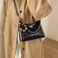 Dark brown quilted shoulder bucket bag with silver chain and cute decorative charms - With Charm / Brown