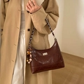 Retro brown quilted shoulder bag with chain strap and bohemian charms in oil wax leather - With Charm / Red