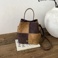 Vintage two-tone bucket bag with brown and dark coffee patchwork and golden plaque - Coffee Brown