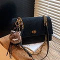 Vintage black crossbody tote bag with golden chain strap and brown plush monster charm - With Charm / Black