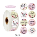 Close-up of 8 floral designs for round adhesive Thank You labels on a 500-piece roll - 25mm
